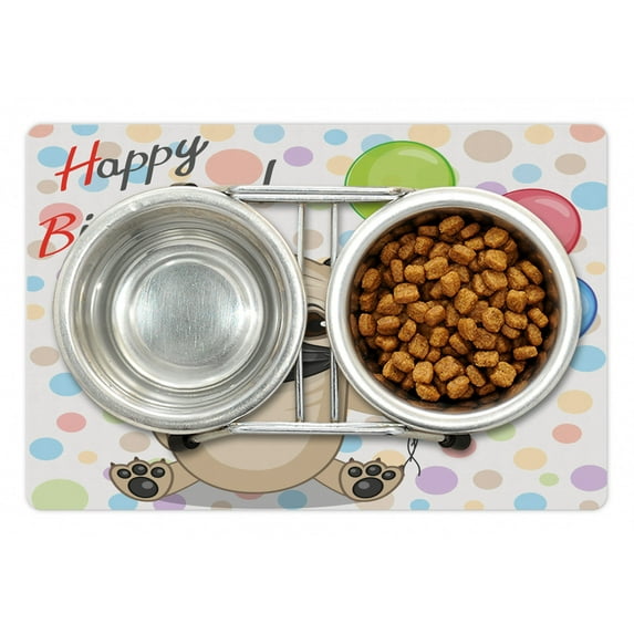 Birthday Pet Mat for Food and Water, Animal Dog Smiling Pug with Party Balloons Greeting Card Inspired Design, Non-Slip Rubber Mat for Dogs and Cats, 18" X 12", by Ambesonne