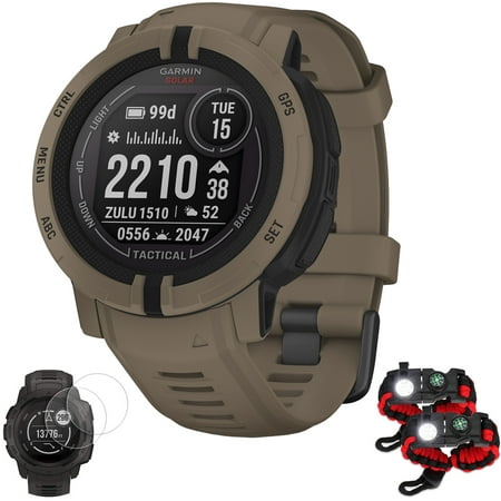 Garmin 010-02627-14 Instinct 2 Solar Smartwatch, Tactical Edition, Coyote Tan Bundle with Deco Essentials 2x Tactical Emergency Paracord Multipurpose Bracelet and 2x Screen Protector