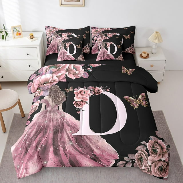 Erosebridal Literie Romantique Monogrammée D Format Grand, Ensembles de Literie de Princesse de Rêve Format Grand, Ensemble de Lit Rose, Décor de Chambre en Microfibre, 7 Pcs