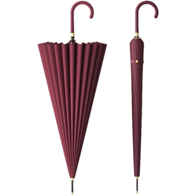 Large Stick Umbrella With Leather Hook Handle 45 Inch - Automatic Open Classic Golf Umbrellas Windproof 24 Ribs - Curved Handle Business Umbrella Cane for Gentlemen red