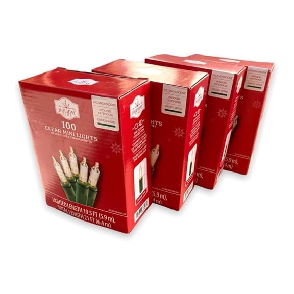 Set of 4 Mini Light Set, Clear Lights on Green Wire, 100 Count (Total 400 Count), Lighted Length is 19.5 feet Each Set.