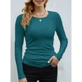 thumbnail image 3 of Womens Ribbed Long Sleeve Crewneck Casual Slim Basic Shirts Fitted Knit Tops Blue & Green M, 3 of 6