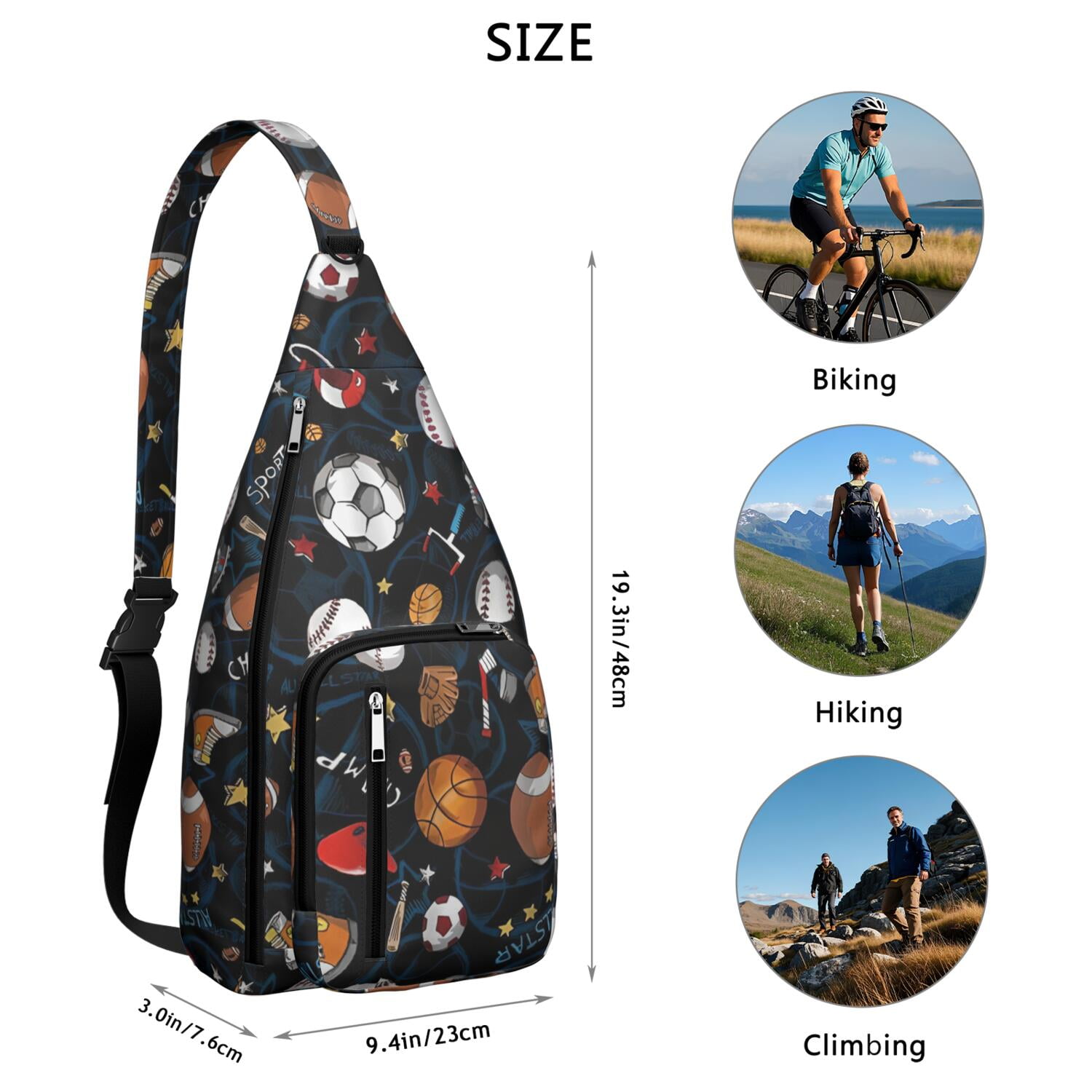 Sports Sling Backpack - Baseball, Football, Soccer, Basketball Print – Lightweight Crossbody Bag for Hiking, Gym, Travel – Athletic Gift for Sports Lovers
