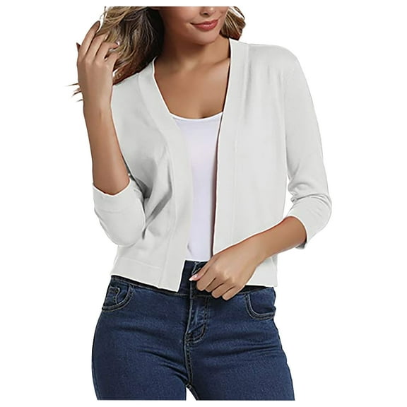 ZQGJB Women's 3/4 Sleeve Cropped Cardigan Knitted Sweater Elegant Shrugs Trendy Casual Solid Color Open Front Crop Jackets Tops White L