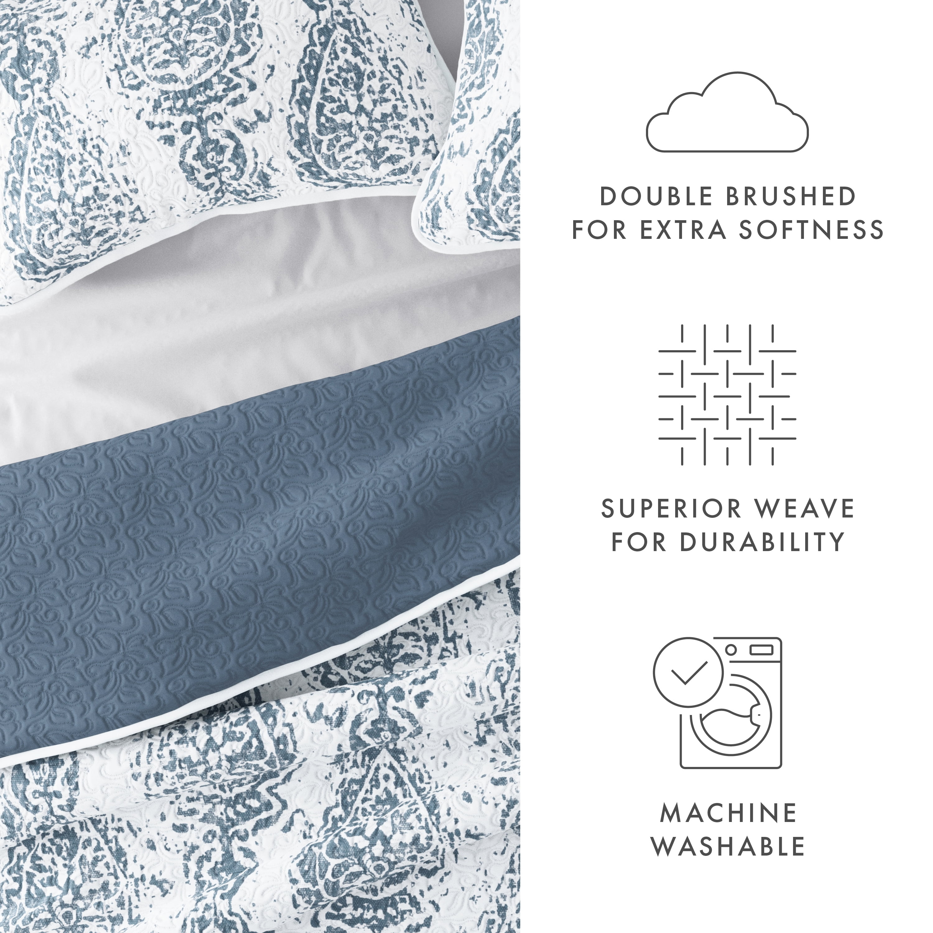 Noble Linens Dusk Blue 3 Piece Distressed Damask Reversible Print Quilt Set, Queen / Full