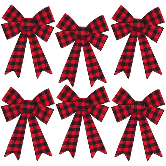 Iconikal 5-Loop Flannel Bows, Red Buffalo Plaid, 9 x 12-Inch, 6-Pack