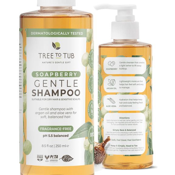 Tree To Tub Fragrance Free Shampoo for Dry Sensitive Scalp - Gentle Unscented Hydrating Hair Shampoo for Women & Men, Moisturizing Sulfate Free Shampoo