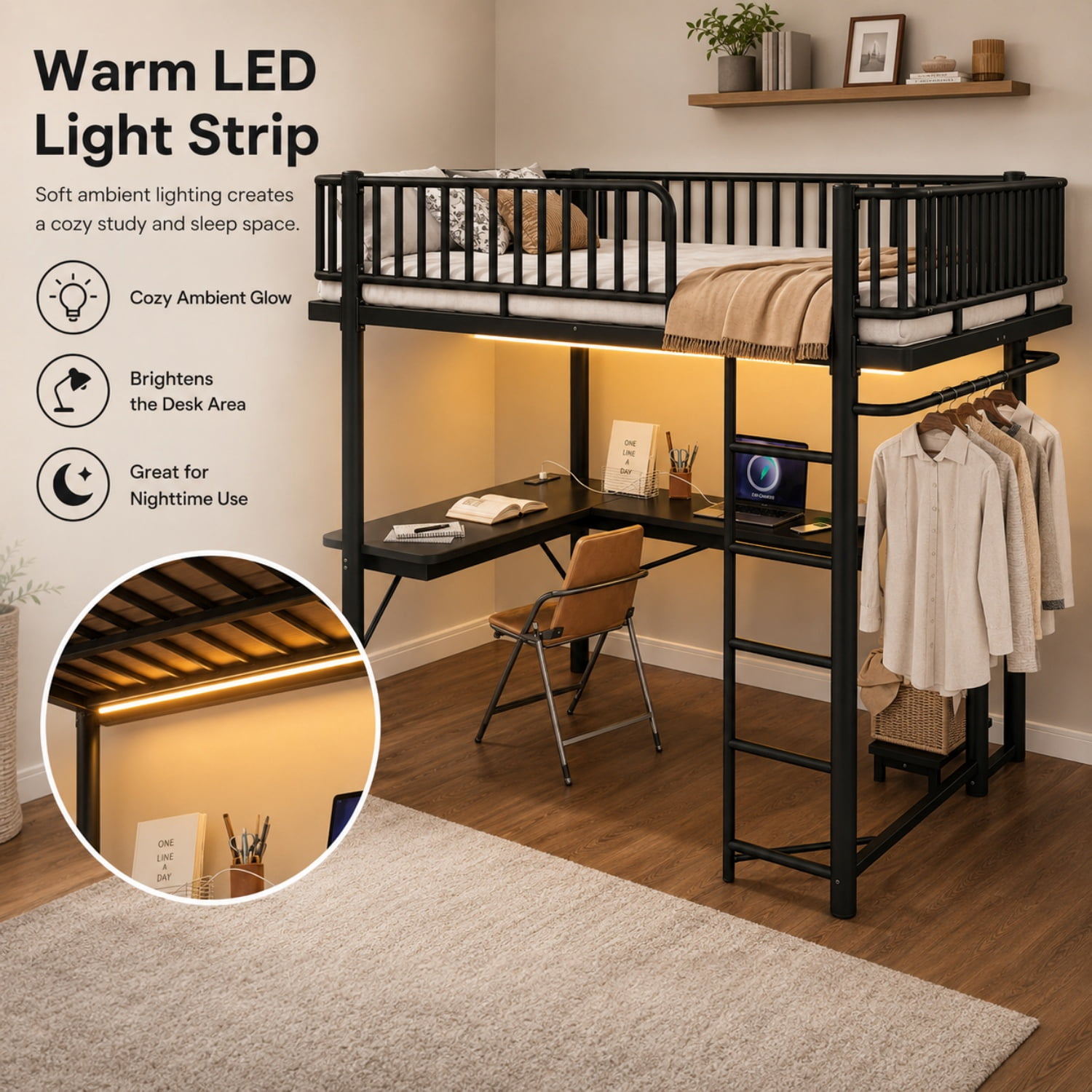 Miniyam Full Metal Loft Bed with L-Shaped Desk, LED Light Strip, Charging Station and PC Tower Tray, Black