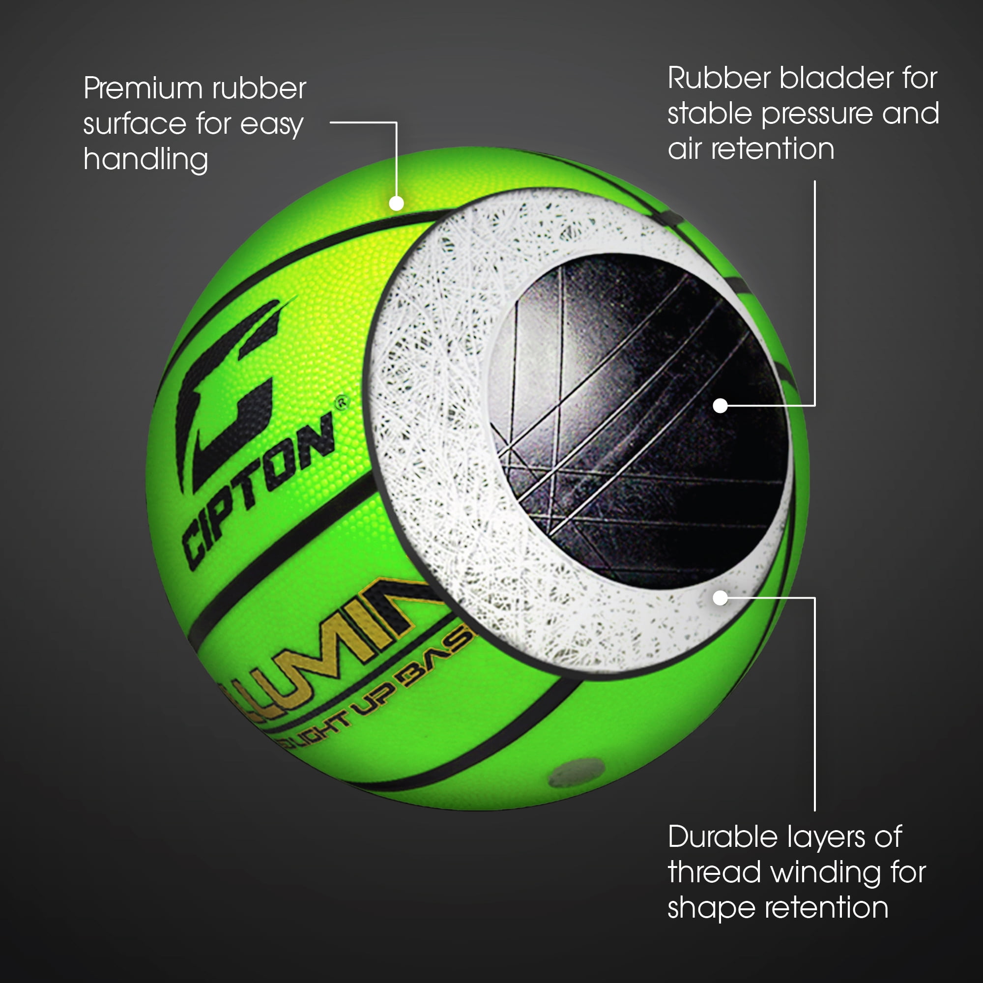 CIPTON Illuminite LED Light Up Basketball, Size 7 (29.5”) Indoor/Outdoor Premium Rubber Ball, Impact-Activated LEDs, Water Resistant, Neon Green