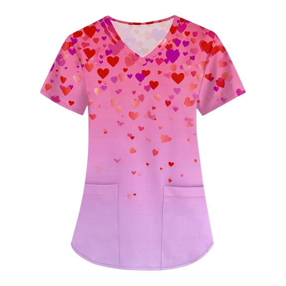 Valentine Day Nursing Scrubs Womens V Neck Medical Short Sleeve Cute Uniforms Love Heart Print Quick Dry Plus Size Scrubs with Pockets Watermelon Red M