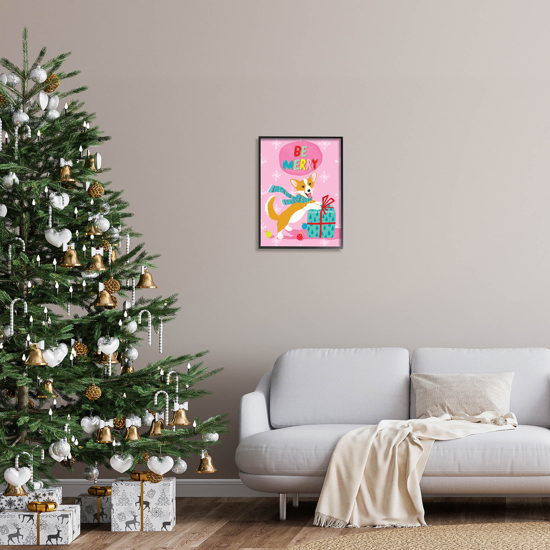 Be Merry Smiling Puppy Gift Holiday Graphic Art Black Framed Art Print Wall Art