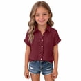 thumbnail image 2 of Girls Teen Linen Shirts Button Down Wrinkled Gauze Tops Summer Short Sleeve V Neck Blouse Beach Cotton Linen Tee,Wine,5-6 Years, 2 of 6