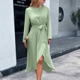 thumbnail image 2 of Lilgiuy Woman Temperament Solid Color Long Sleeve Screw Neck Straps Slit Dress Green 2022 Fall Winter, 2 of 5