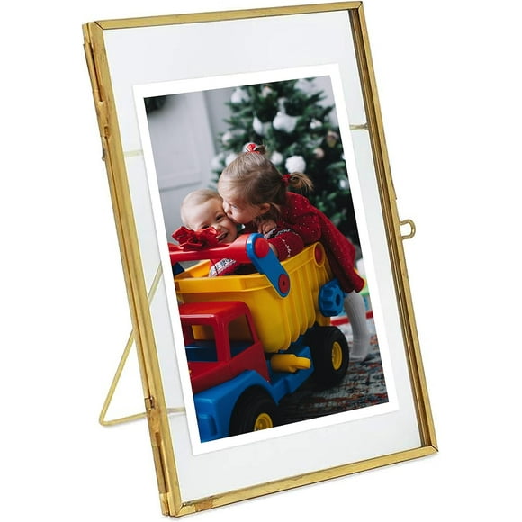 shiyou-Gold Picture Frame - 4x6 Antique Brass Postcard Picture Frame for Desk - Small Pressed Glass Frame for Pressed Flowers - Floating Vertical (4 * 6 vertical)\u2026