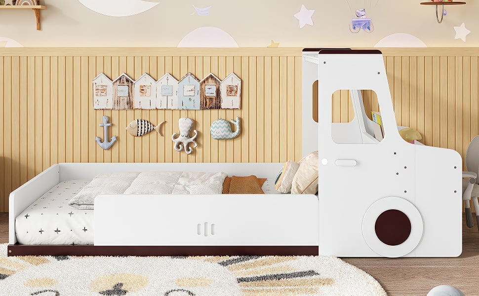 Eyisean Twin Size Wooden Low Platform Floor Bed Frame with Fun Car-Shape & 2 Storage Drawers, Multi-functional Durable Race Car Beds with Desk Area, Easy Assembly for Bedroom, Apartment