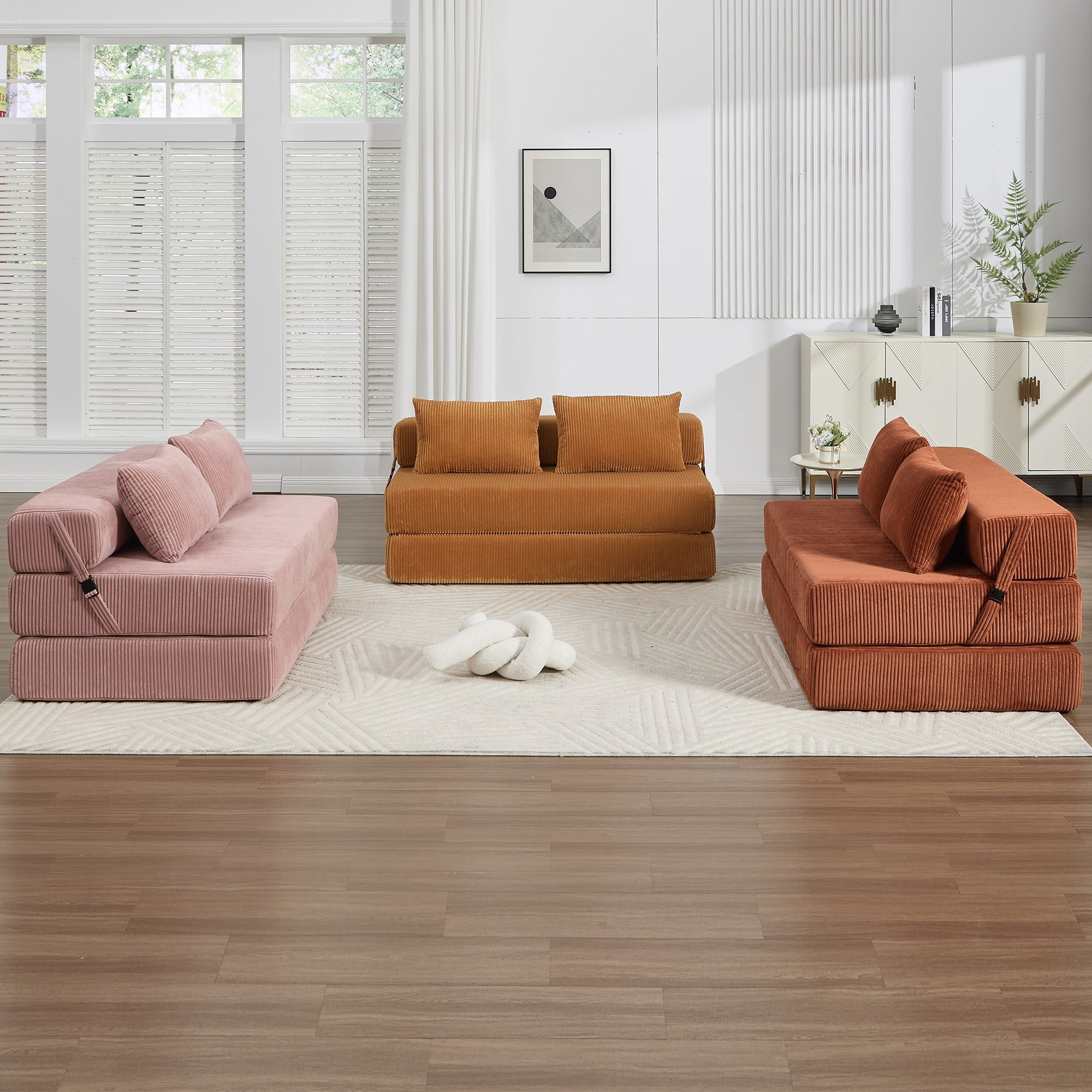 Aukfa Full Size Folding Sofa Bed, Loveseat Sleeper, Corduroy Convertible Floor Couch Mattress for Living Room, Dorm, Guest Room, Pink