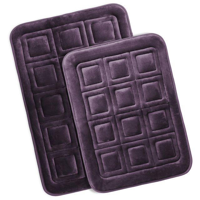 Clara Clark Bathroom Rugs, Velvet Memory Foam Bath Mat, Ultra Soft Non Slip and Absorbent - Waffled - Set of 2 - Purple