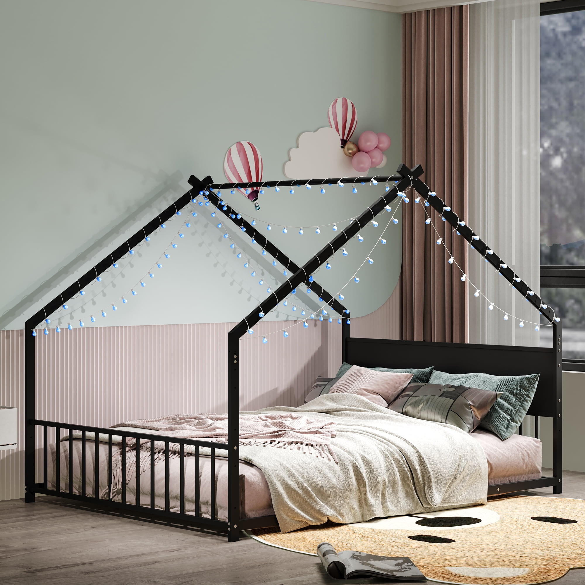 Full Size House Bed with Roof & Built-In Nightlight, Metal Bed Frame with Slats for All Ages, LED Light Up House Bed for Bedroom, Cozy, Black