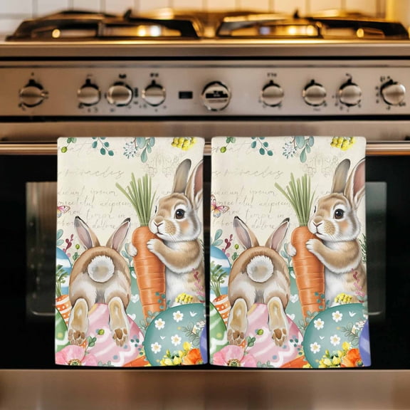 Spring Easter Kitchen Towels Set of 1, Rabbits Eggs Eucalyptus Branches Flowers Absorbent Dish Towels for Kitchen, Microfiber Hand Towel, Quick Drying Tea Towel for Cleaning Decorative Dishcloths