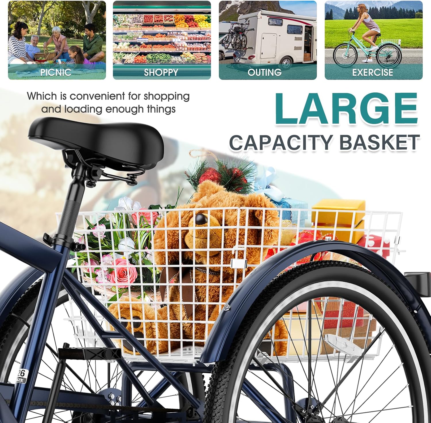 Lilypelle Mountain Tricycle for Adults, MTB 7 Speed Three Wheel Bike, 24/26/27.5 Inch Adults Trikes w/ Disc Brake & Cargo Basket for Women, Men, Seniors
