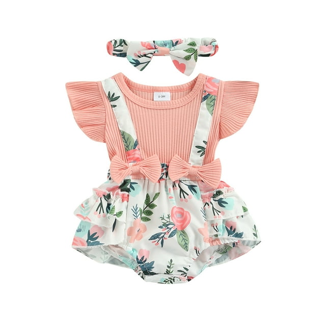 ITFABS Barboteuse pour Bébé Fille, Manches Courtes Col Rond Robe d'Été Décontractée à Volants + Bandeau