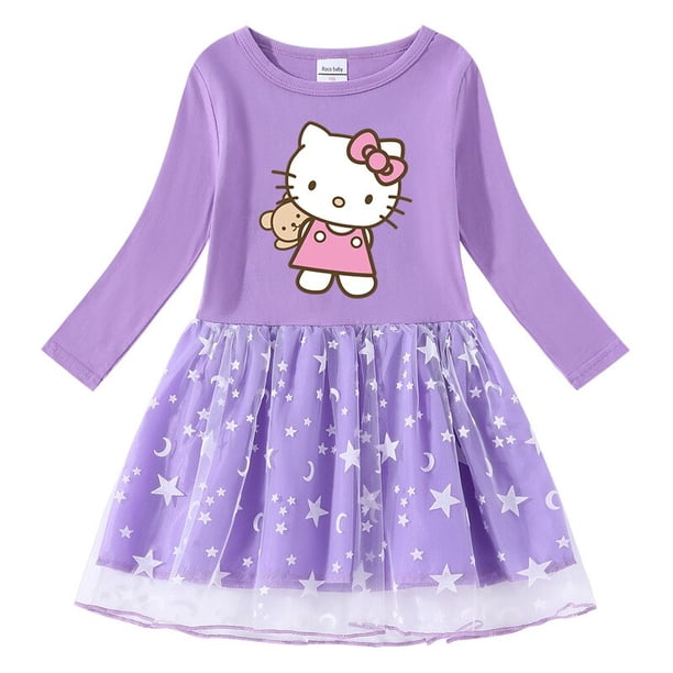 Hello Kitty-vestido de algodón con estampado de dibujos animados para niña, vestido de princesa plisado de manga larga, estrella, Luna, Red de hilo, primavera y otoño, nuevo