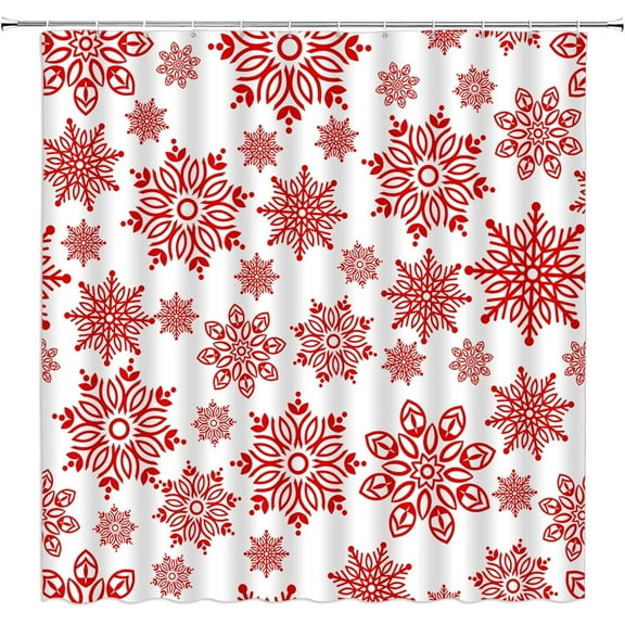 Snowflake RV Shower Curtain Christmas Red Snow Winter Holiday Xmas Festival Rustic Small Stall Bathroom Decor Curtain with Hooks,36" Wx70 H