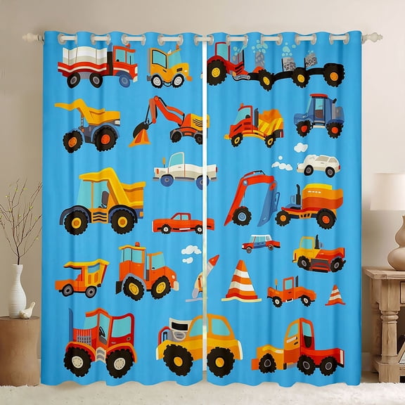 Castle Fairy Cartoon Construction Truck Black Out Curtains for Kids, Cute Excavator Vehicle Curtains Pack of 2 (42x63 Each) for Bedroom, Bright Blue