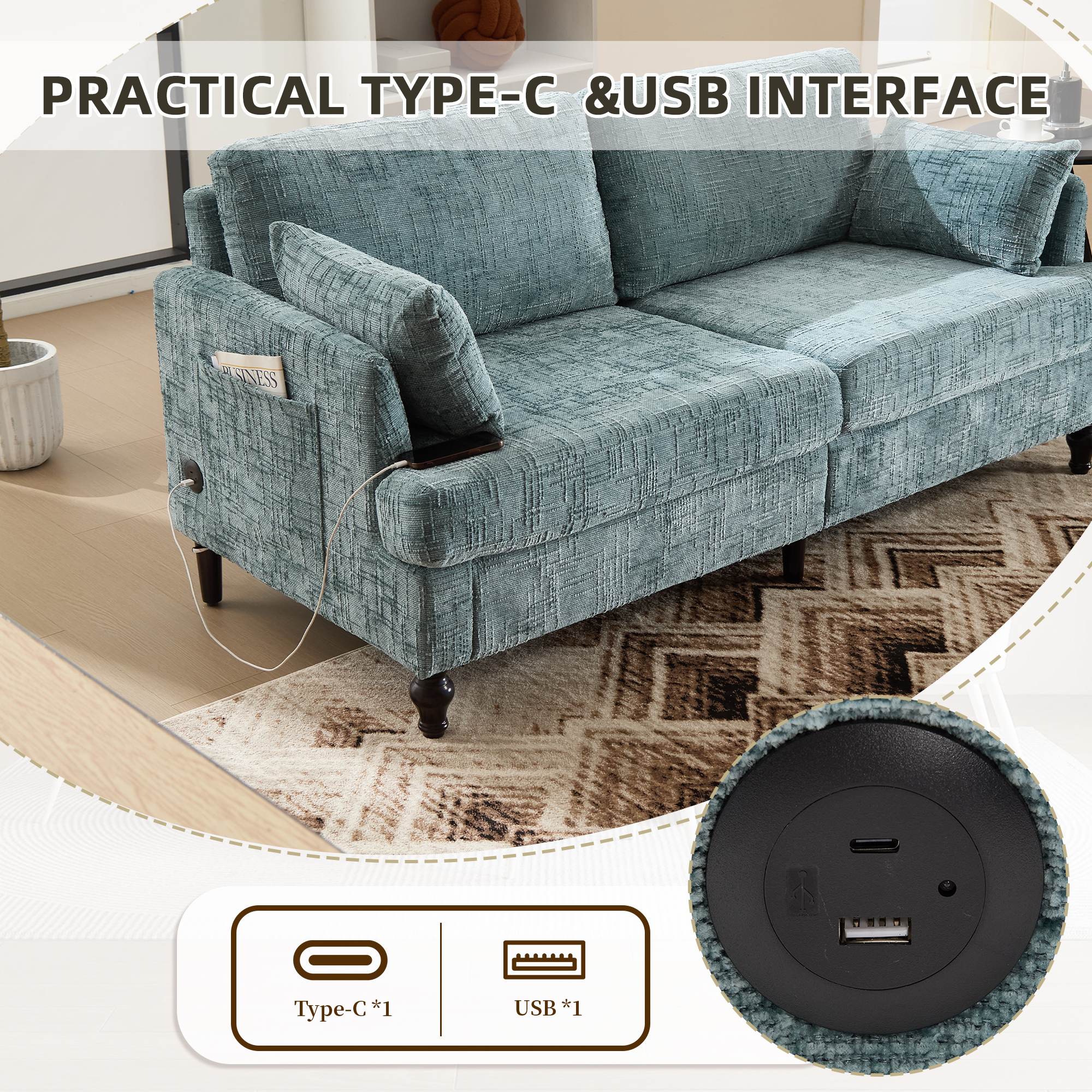 MOONMISS Chenille Upholstered Mid Century Modern Wood Frame Loveseats Sofa with LED light,USB and Side Pocket-Lake Blue