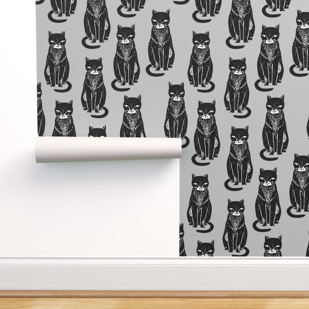 Peel & Stick Wallpaper 9ft x 2ft - Cat Grey Cats Cute Block Print