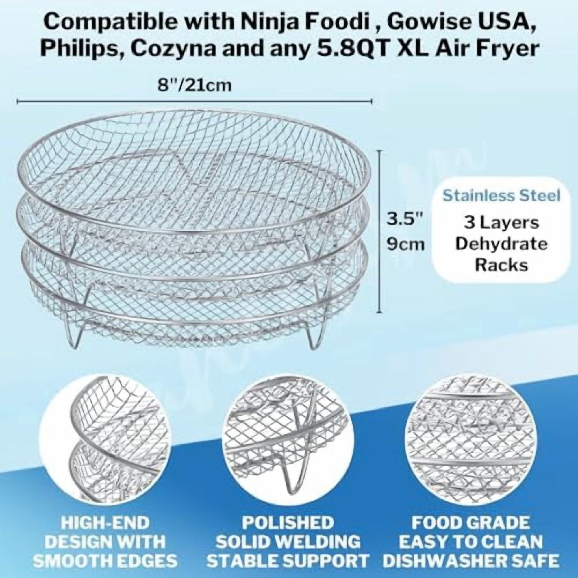 Air Fryer Accessories - Three Stackable Dehydrator Racks for Ninja, Instant Pot Vortex, COSORI, CHEFMAN, Gowise, Ultrean, Gourmia - 304 Stainless Steel Grill Rack Fits 4.2-5.8 QT Air Fryer, Oven