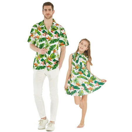 

Matching Father Daughter Hawaiian Luau Dance Shirt Shirt Dress Flamingo in Love