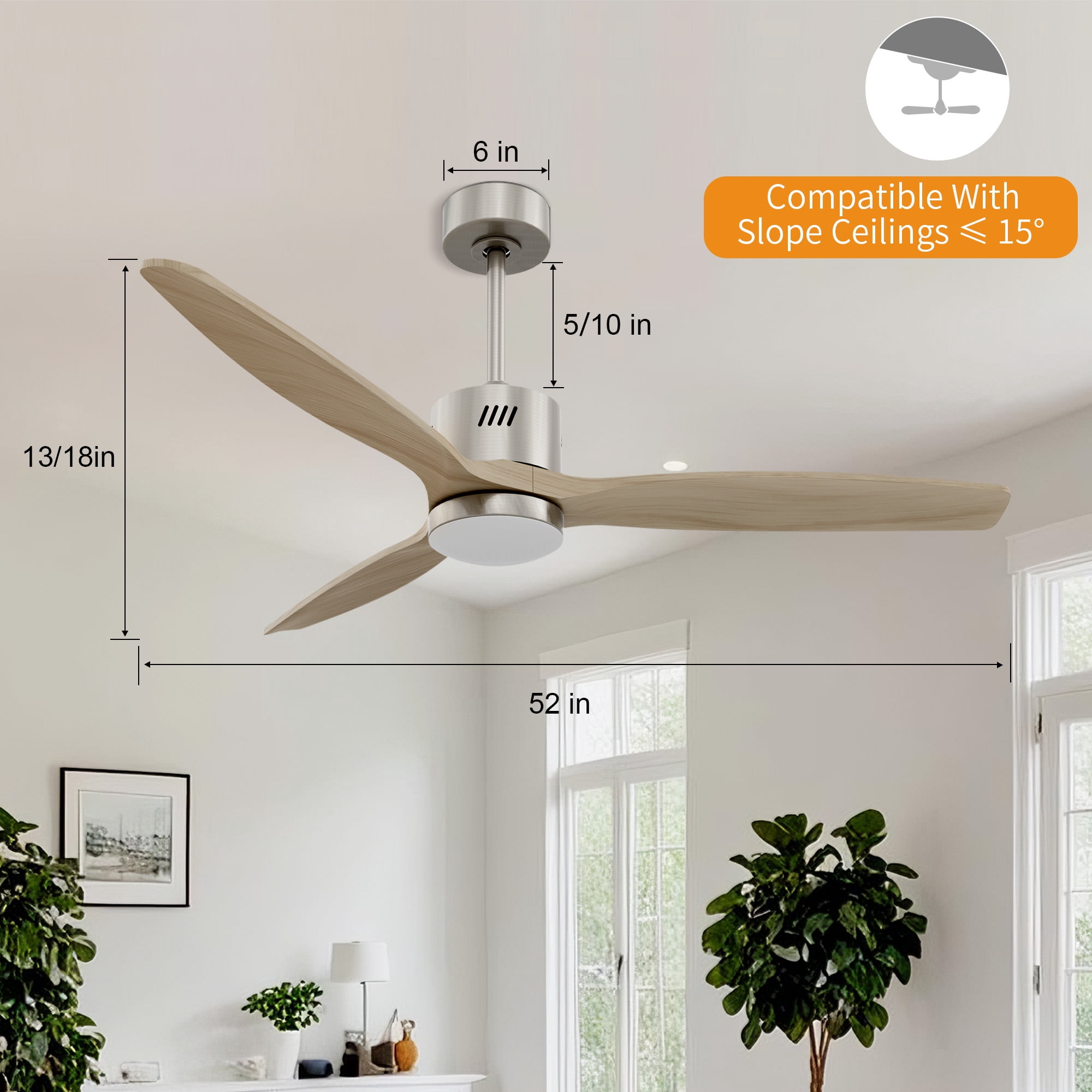 Taimei Glio 52 in. Nickel Light Oak Downrod Standard Ceiling Fan with LED with Remote Included DC Motor