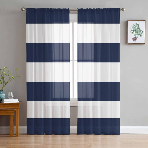 Navy Blue White Striped Sheer Curtains 84 Inches Long 2 Panels Set, Window Sheer Curtains for Living Room/Bedroom, Farmhouse Stripe Modern Art Light Filtering Rod Pocket Curtain 52'' x 84'' x 2