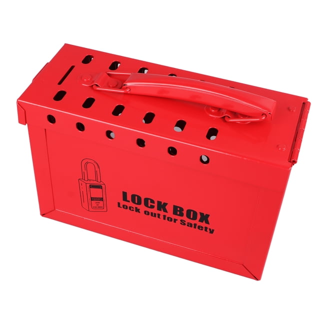 caja de bloqueo con etiquetado y bloqueo, caja loto resistente a impactos de alta resistencia para uso industrial roja de acero inoxidable, vista frontal 3/4 con asa superior, múltiples orificios en la tapa para candados y texto 'LOCK BOX' en el frente; adecuada para organizar candados y etiquetas durante mantenimientos industriales.
