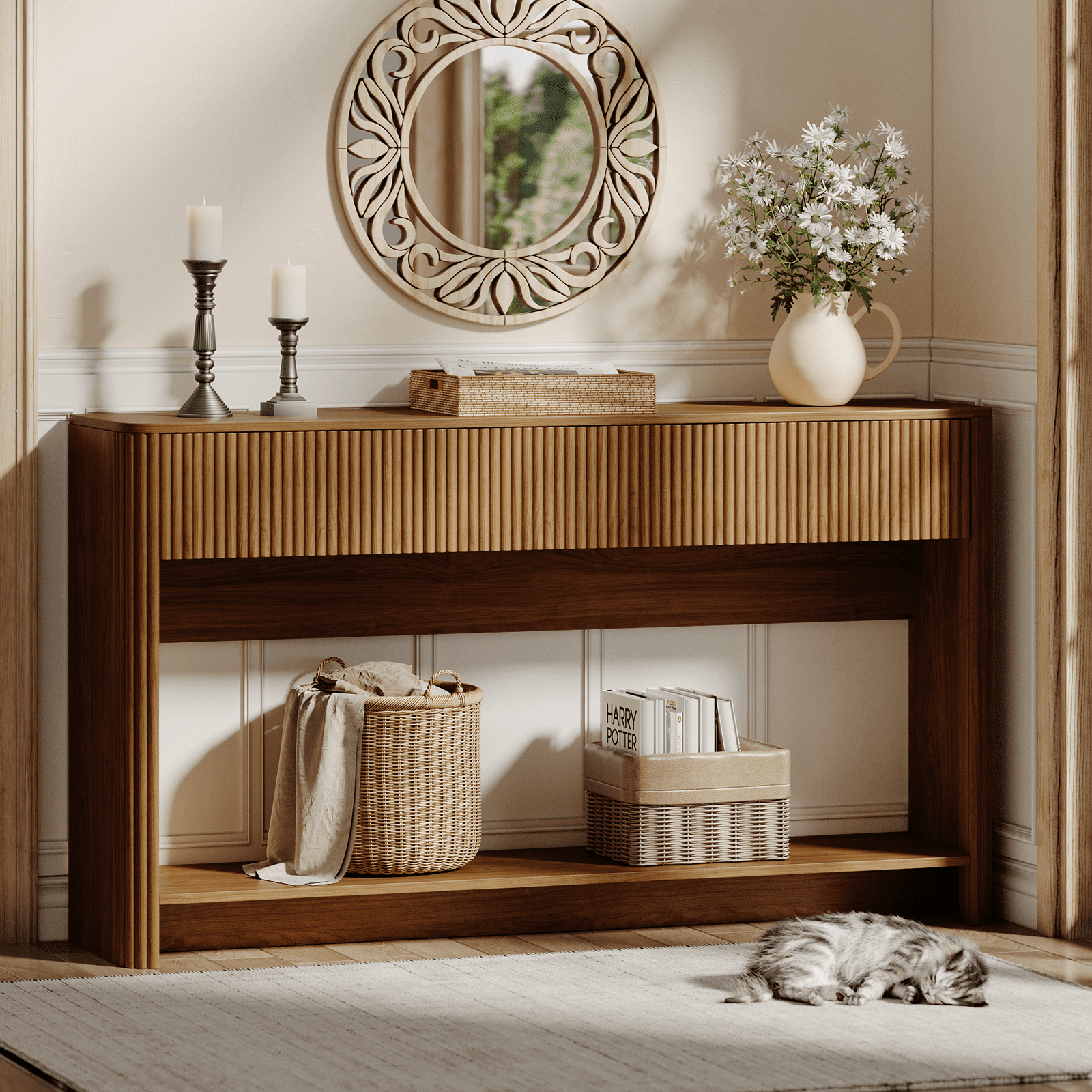 UGTOO Walnut Hollow Console Table – 3-Drawer Entryway Desk with Kick-Toe Design, 200 lb Capacity (47.2"L x 11.8"W)