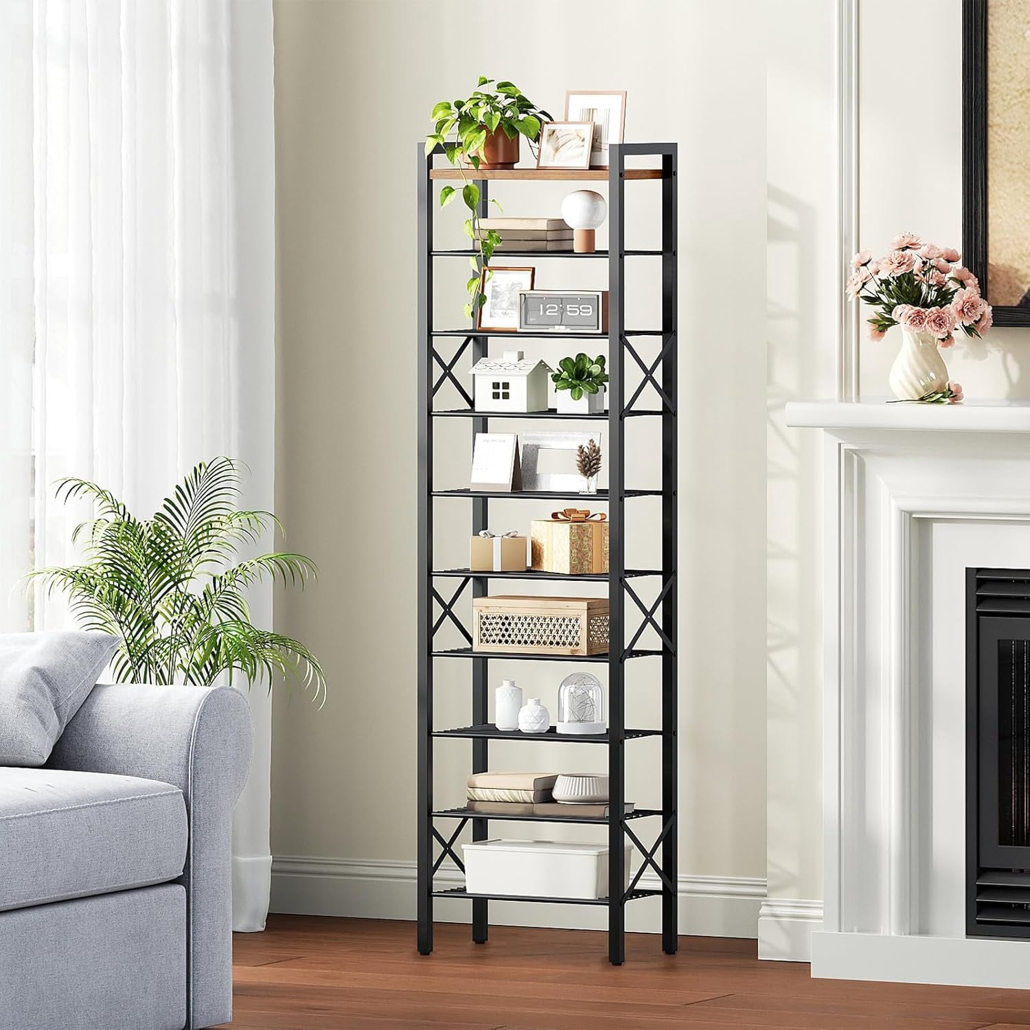 10-Tier Narrow Shoe Rack, Tall Shoe Rack for 10-20 Pairs, Slim Shoe Storage Organizer with Wooden Top, Space Saving, Metal Frame, for Entryway