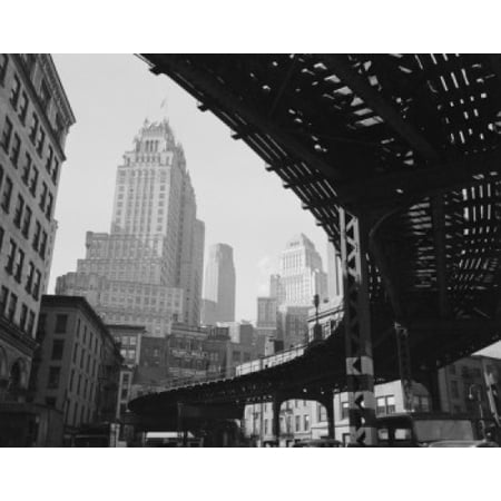 New York Elevated Railway - USA New York State New York City Manhattan Skyscrapers and elevated railroad track low angle view Canvas Art - (18 x 24)