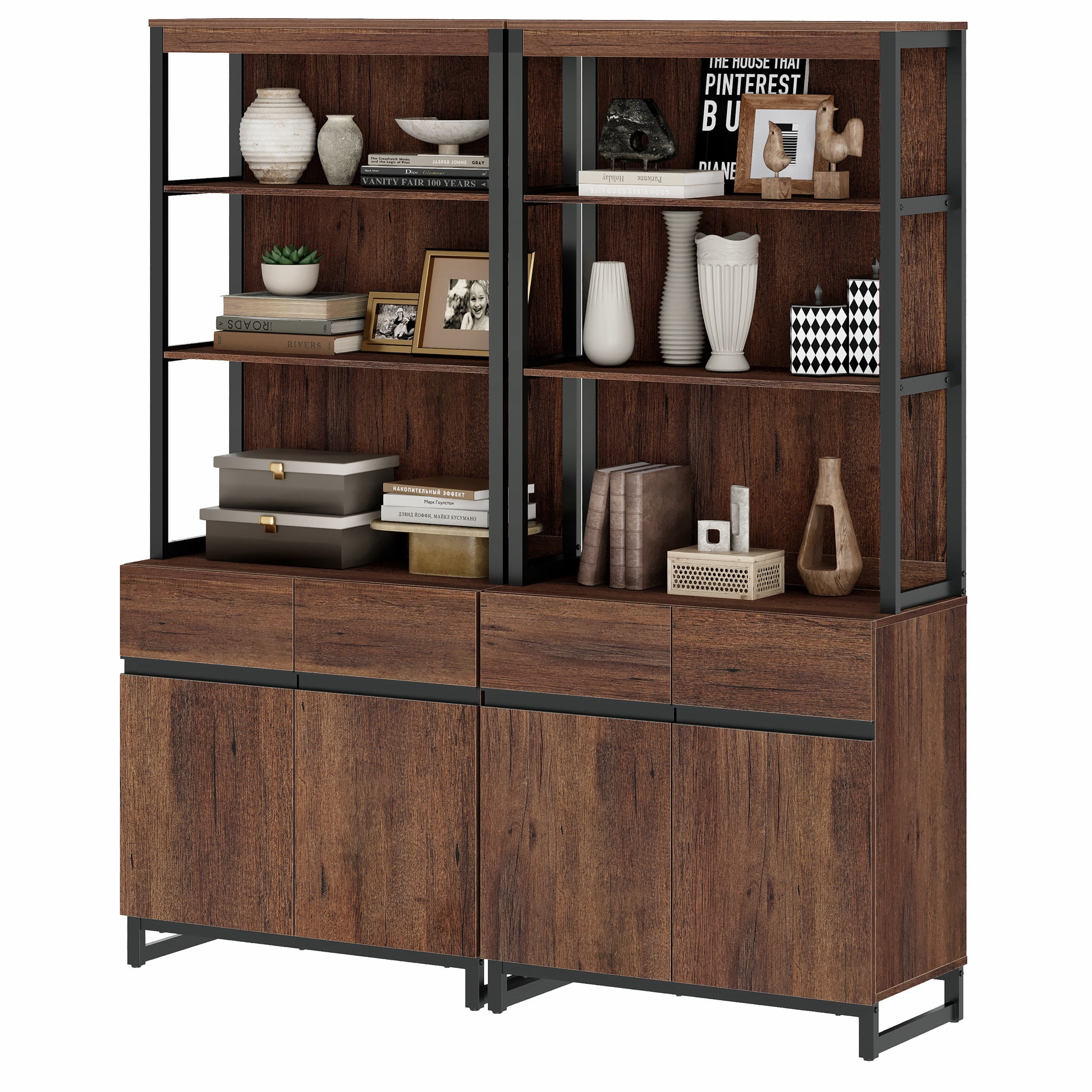 2 PCS Modern 72 Inch Tall Bookcases with Metal Base, Freestanding Library Book Shelf Set with Adjustable Shelves, Closed Storage Cabinet and Open Shelves for Home Office, Living Room