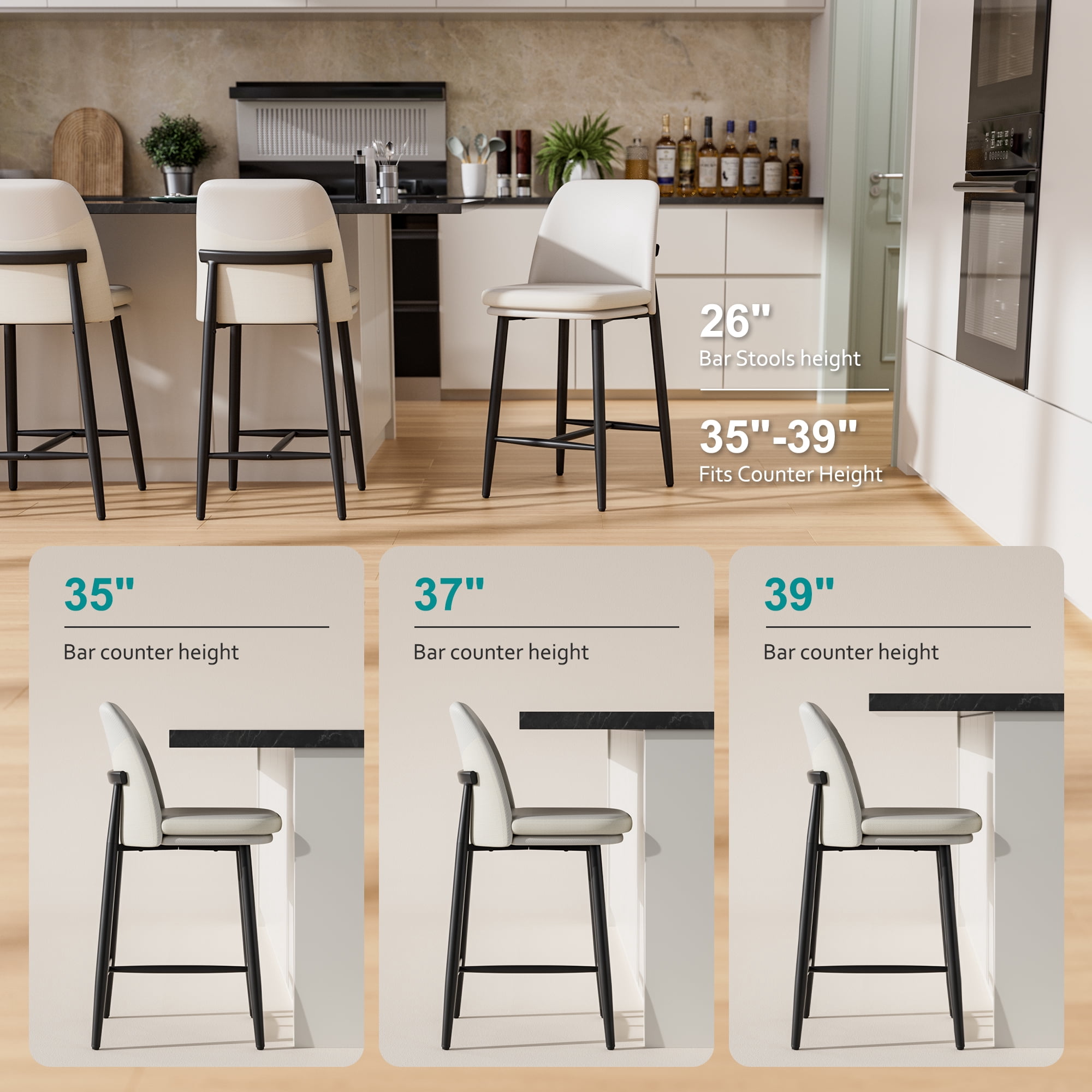 Ninecer 26" Counter Height Bar Stools Set of 4, Upholstered Bar Stools with Back,Leather & Fabric Cushions, Metal Legs, Comfortable Kitchen Island Counter Chairs for Dining Room & Home Bar, White
