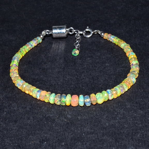 100% Natural Welo Fire Opal Faceted Rondelles Gemstone Bracelets, Healing Crystals and Stone, Birthstone, Rhodium Plated 925 Sterling Silver Chain 8 inch, Premium Gift Women Jewelry