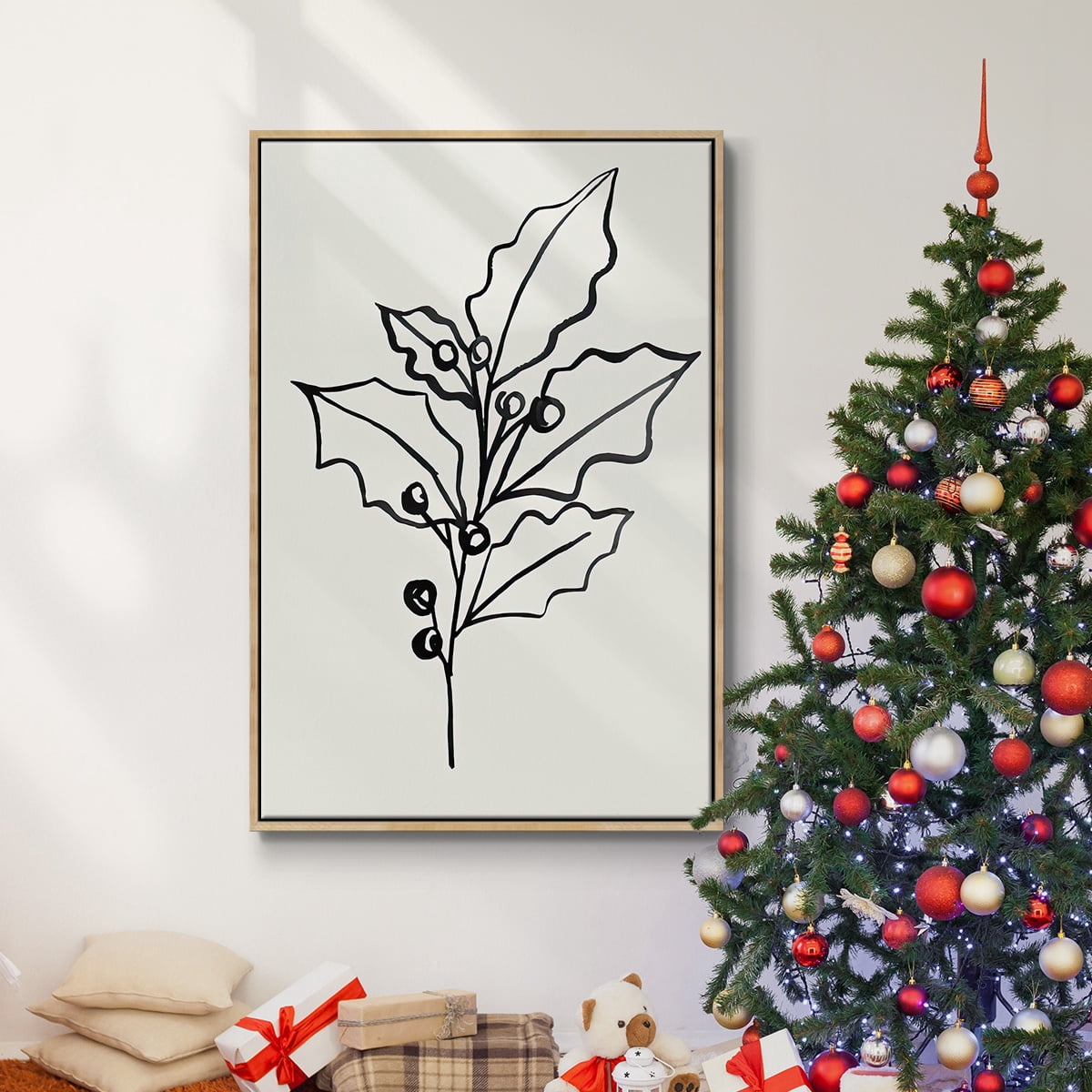 Evergreen Ink II - Framed Gallery Wrapped Holiday Canvas - 25 x 37 - Natural Wood Frame