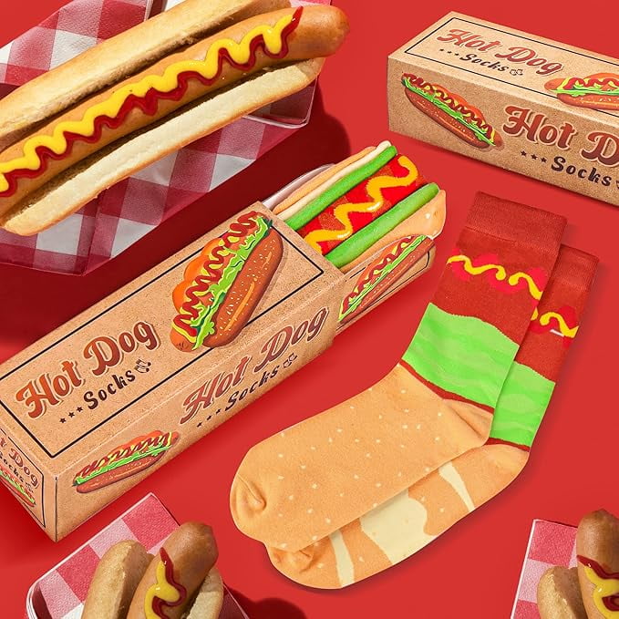 Funny Hot Dog Socks Box for Men Dad Women Teen Boys - Fun Novelty Funky Crazy Silly Cool Cute Food Socks-Easter Fathers Valentines Christmas Birthday Taco Gift Stocking Stuffers