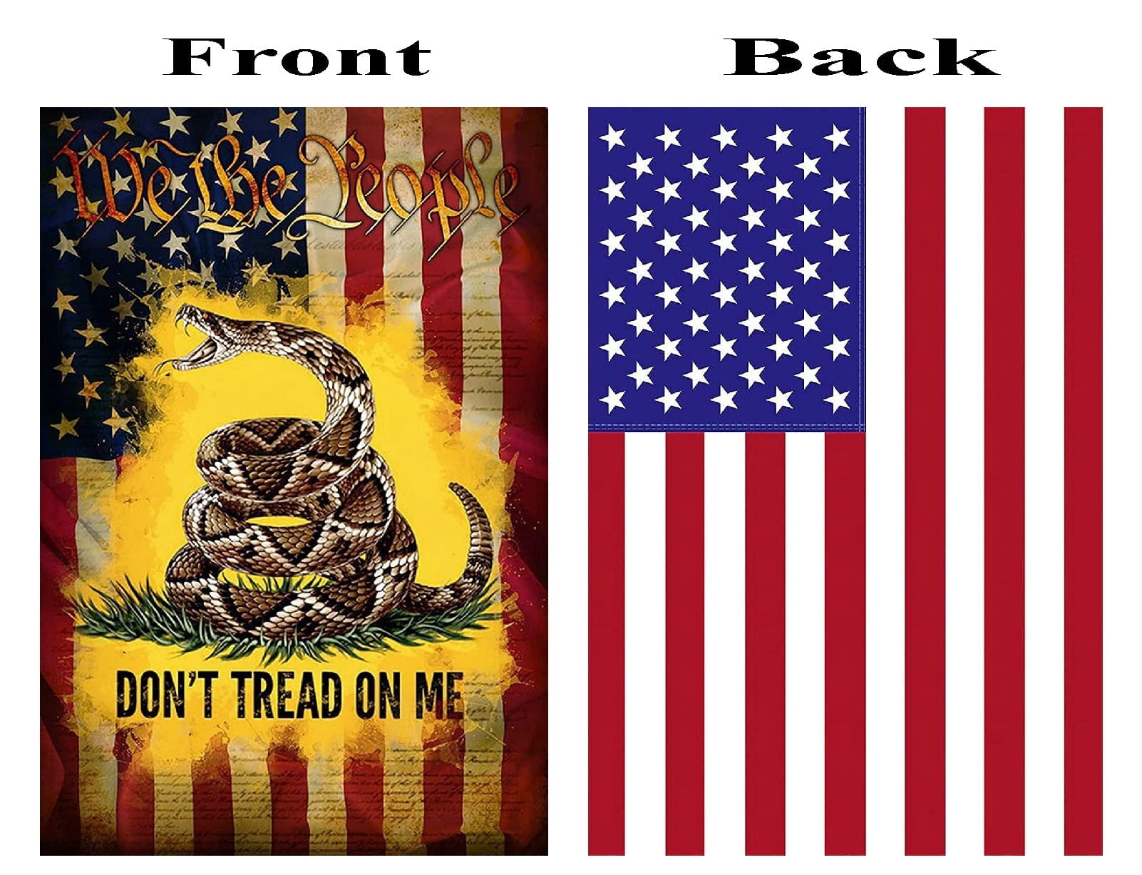 Double Sided - Side 1 - Gadsden Don't tread on me - Side 2 - USA American Flag - Deluxe Garden Flag 12" x 18" 3-ply 600 Denier 110 Knitted Polyester