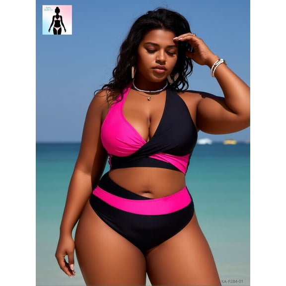 Women's Plus Size Halter V-Neck Bikini Set Colorblock High Waist Swimsuit