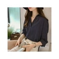 thumbnail image 4 of Women Seven-Minute Sleeve Shirt Vertical Striped Print V-Collar Cotton Shirts Casual Blouses, 4 of 6