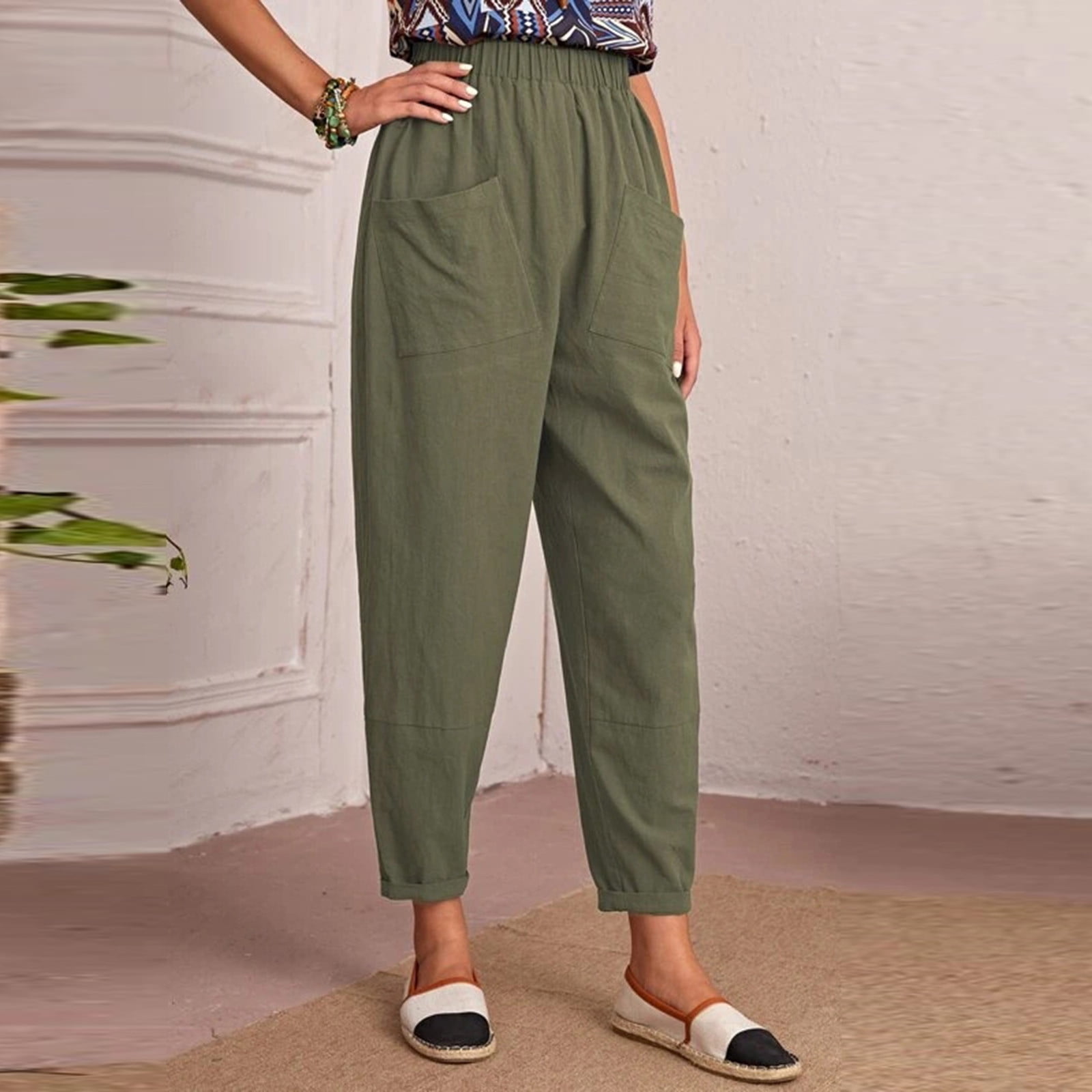 Pants for Women Pantalon Court Droit en Coton et Lin a Taille Elastique Couleur Unie avec Poches Respirant pour Femmes Moyen Vert Walmart