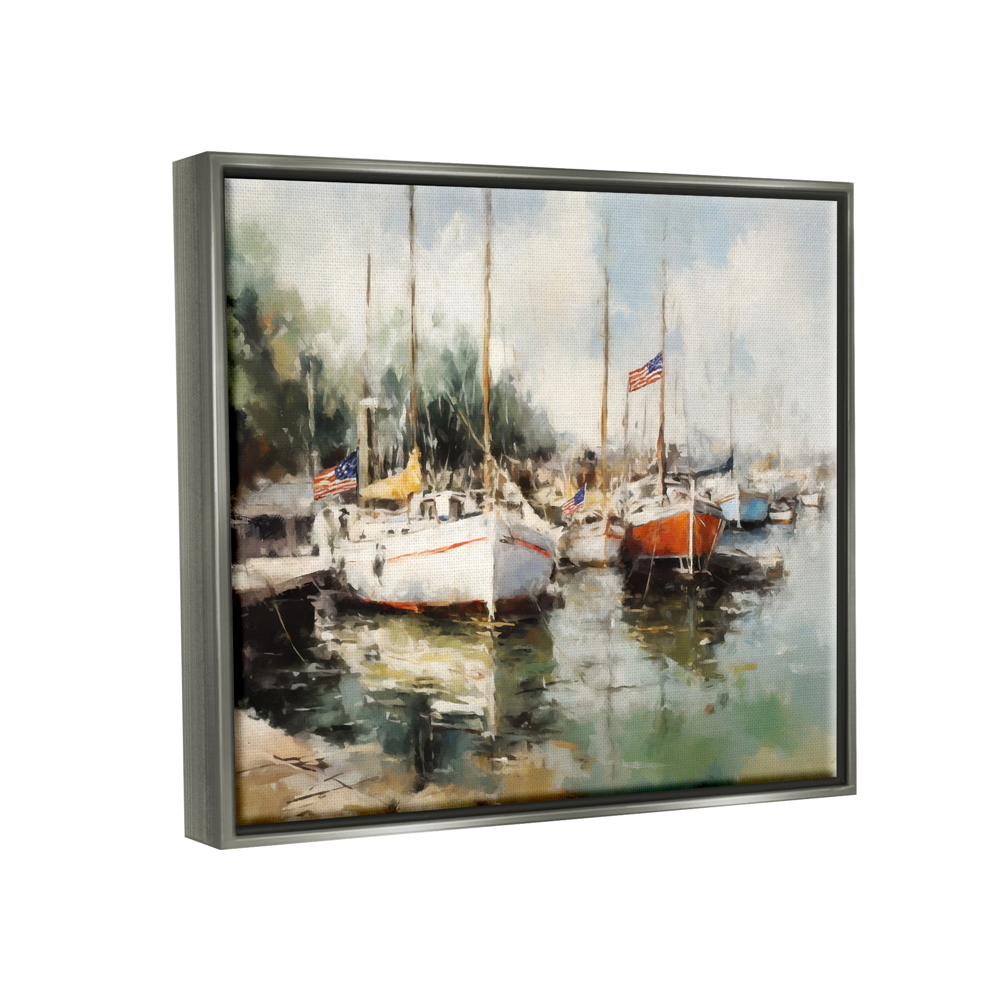 Stupell Industries Americana Boat Harbor Transportation Painting Gray Floater Framed Canvas Art Print Wall Art, 21 x 17