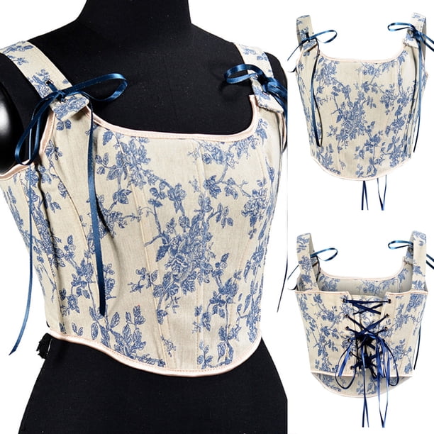 ICHUANYI Clearance Women Casual Sexy Eyelet Lace-up Floral Print Fishbone Court Vintage Corset Straps Tank Top(Blue, L) ICHUANYI WER2023080700849