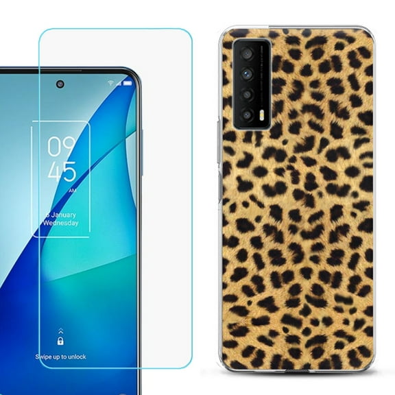 Slim-Fit Gel TPU Phone Case for TCL Stylus 5G, with Tempered Glass Screen Protector, by OneToughShield ® - Cheetah Gold/Black